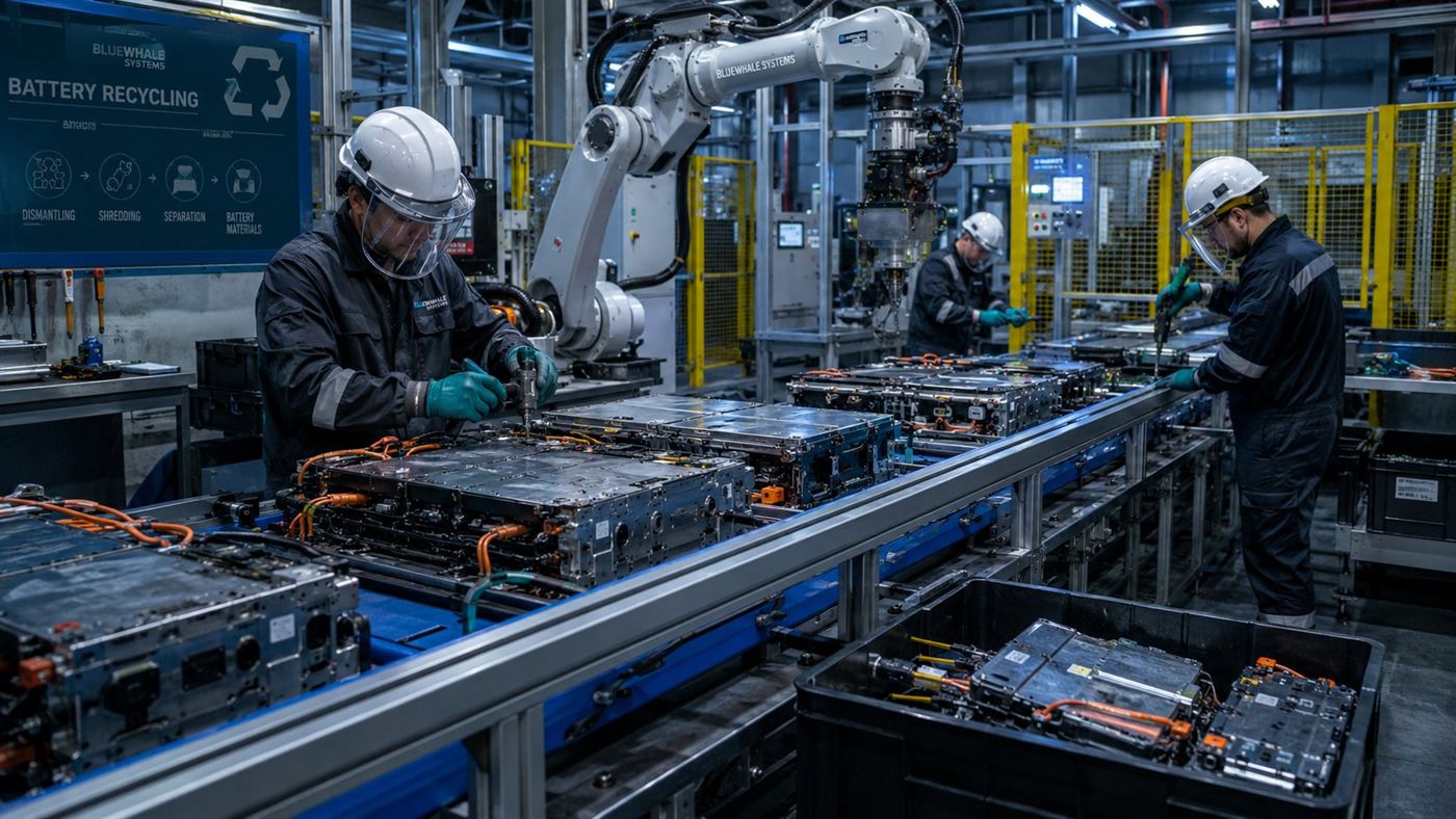Inside a high-tech battery recycling plant with robotic arms and workers in safety gear dismantling lithium-ion battery modules on a conveyor