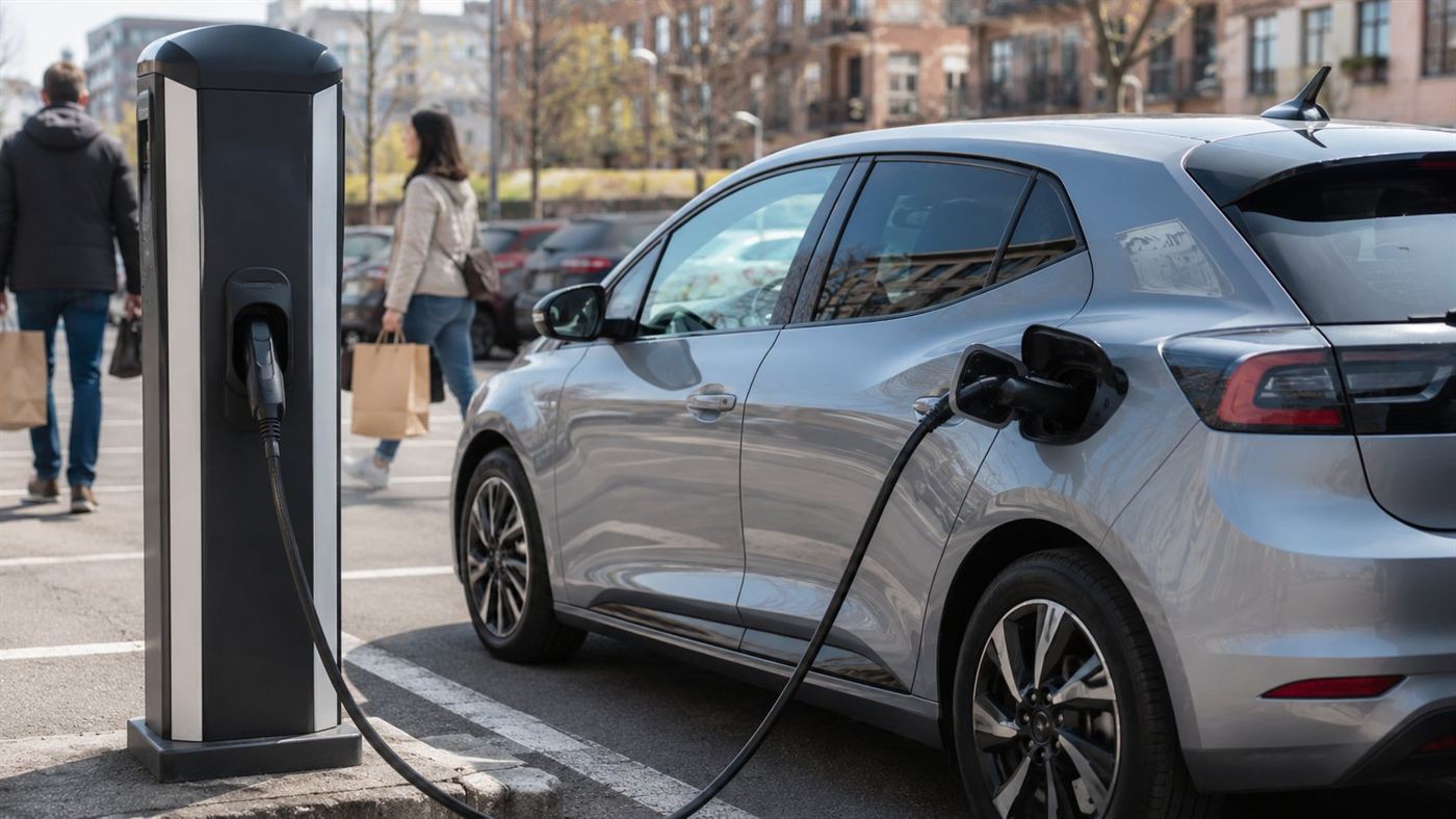 An ordinary electric car plugged into a public fast charger in a city car park on a normal day with people nearby