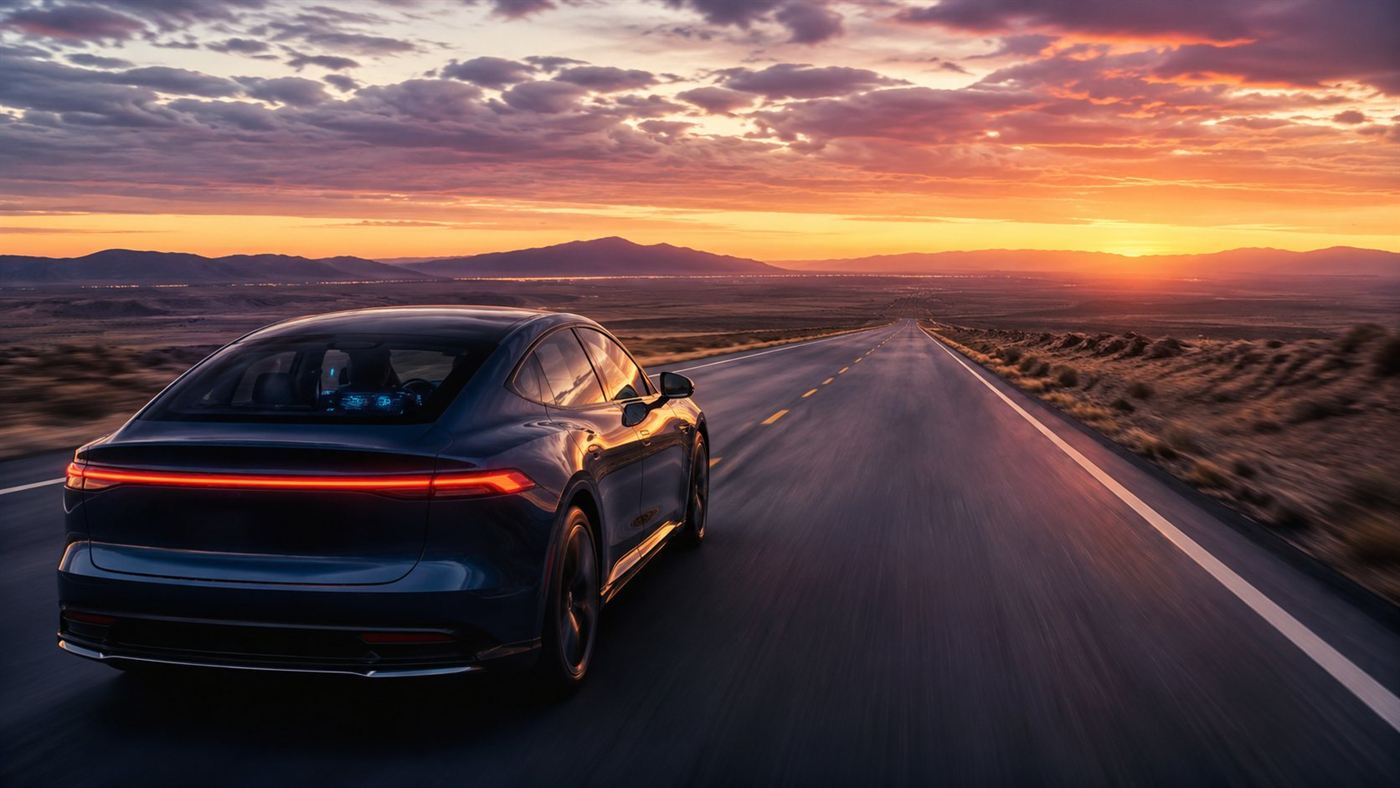 An electric car on a long open highway at dusk with a digital range readout showing a high number of kilometres on the dashboard