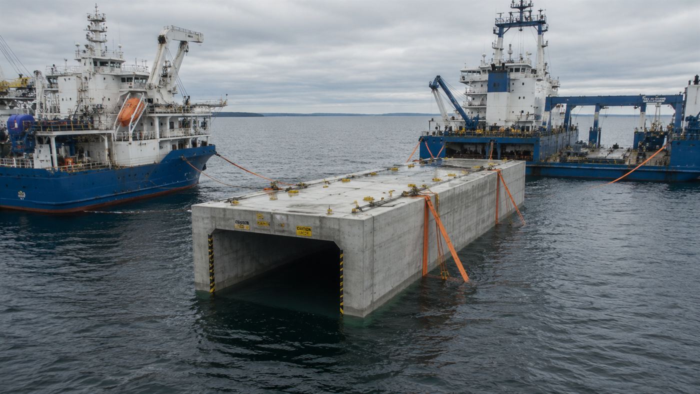 A vast rectangular concrete tunnel element floating in the sea between two vessels before being lowered to the seabed