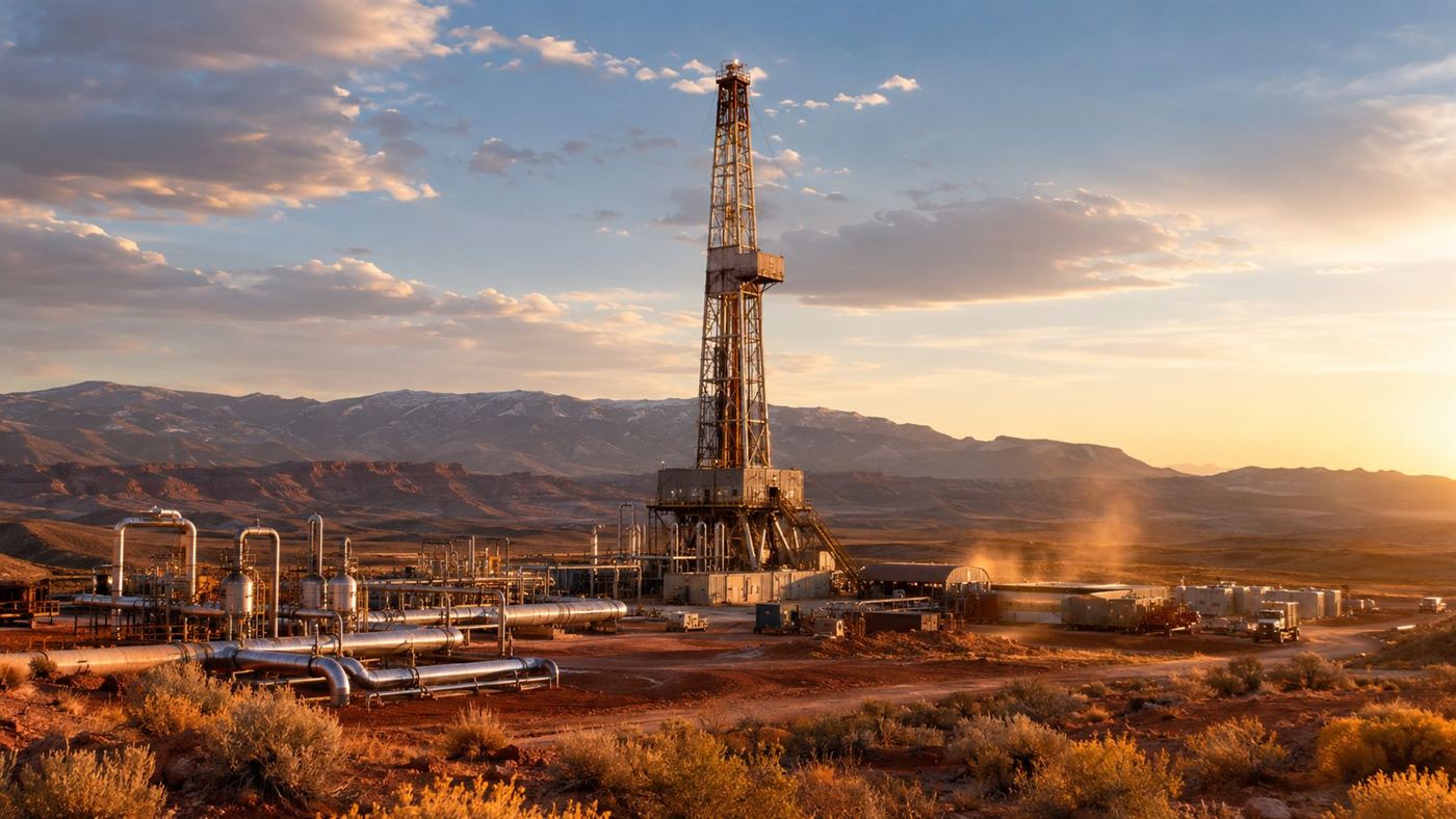 A geothermal drilling rig in the Utah desert at golden hour