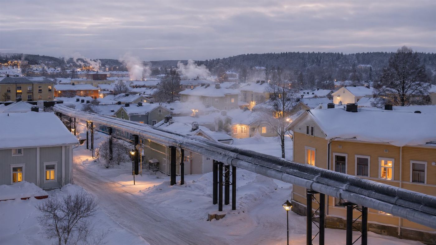 Snow-covered Finnish town with insulated district heating pipes running between low buildings under a pale winter sky