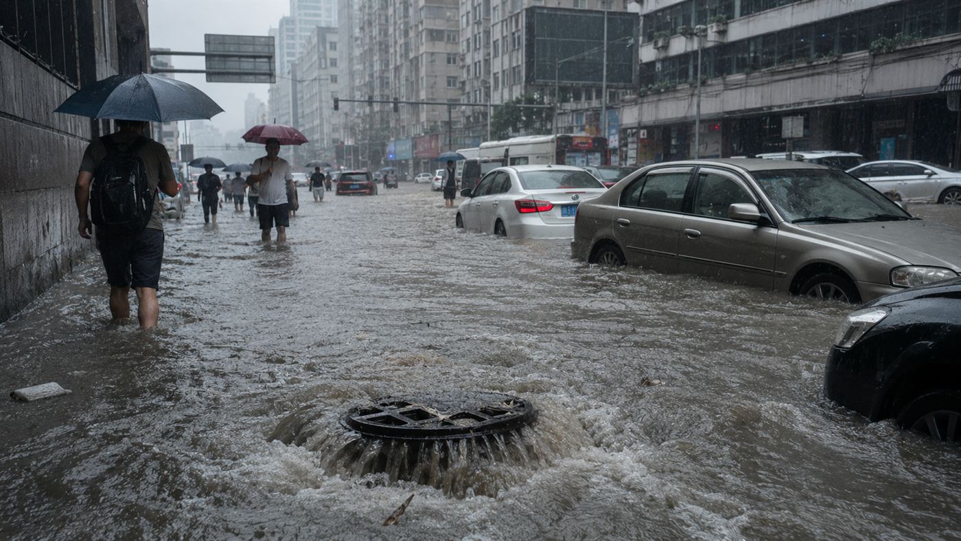 A grey concrete city street under brown floodwater after heavy rain, with overwhelmed storm drains and stranded vehicles