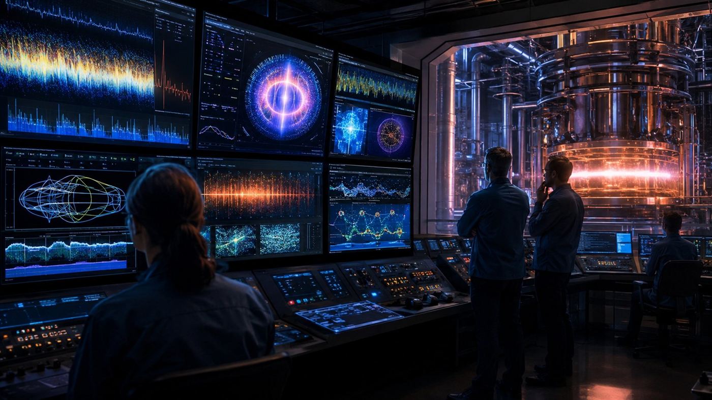 A modern fusion reactor control room with banks of monitors showing plasma data and waveforms while engineers watch a long experimental run in progress