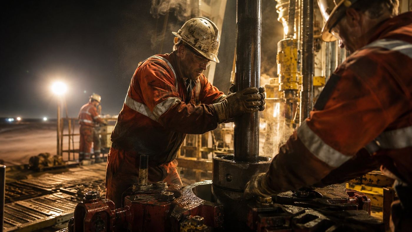 A close view of a modern drilling rig floor with workers in hard hats handling drill pipe under bright work lights at a desert geothermal site