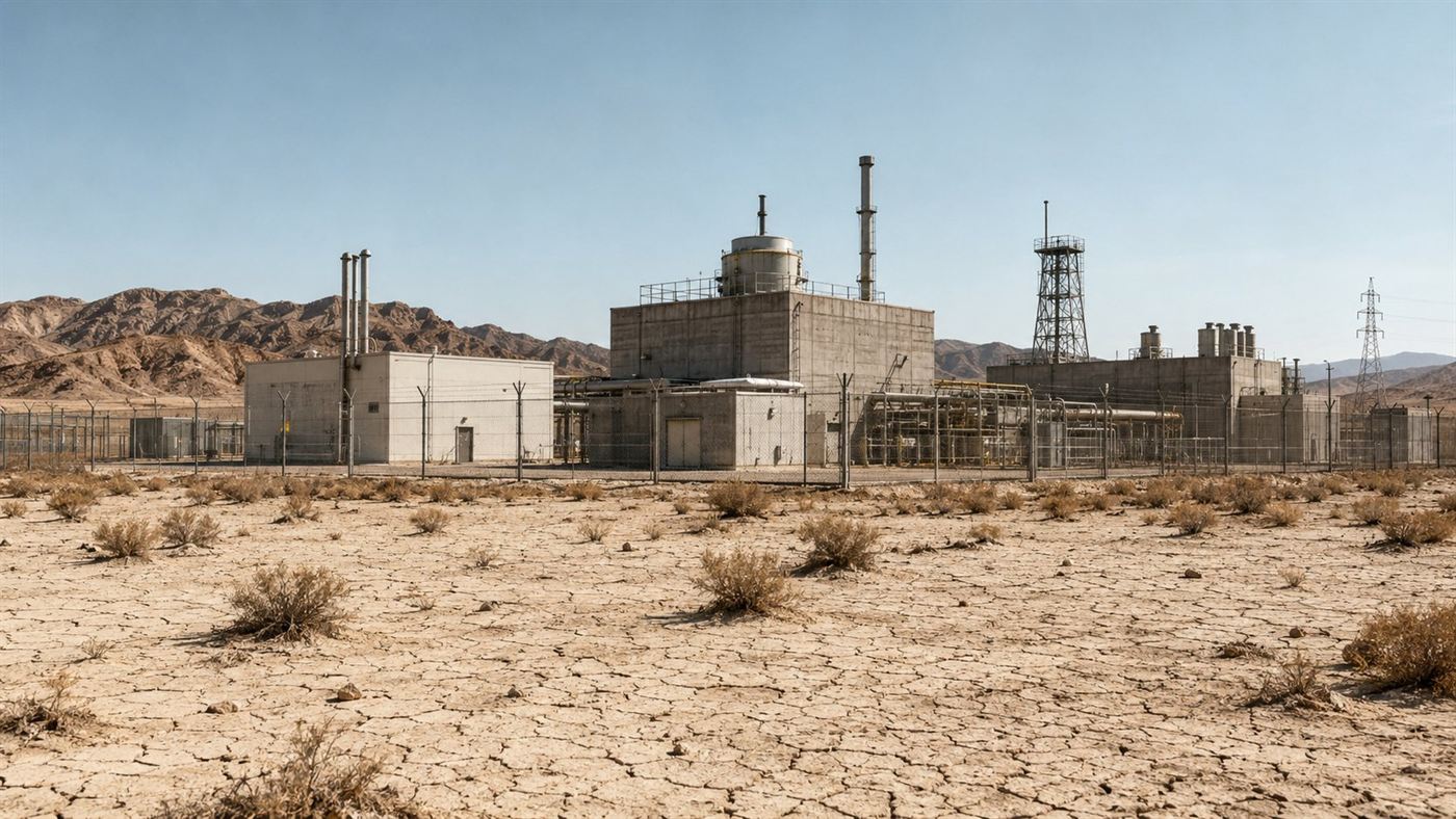 A compact industrial reactor research site in the dry cracked Gobi Desert near low mountains, with fences, stacks and pipework