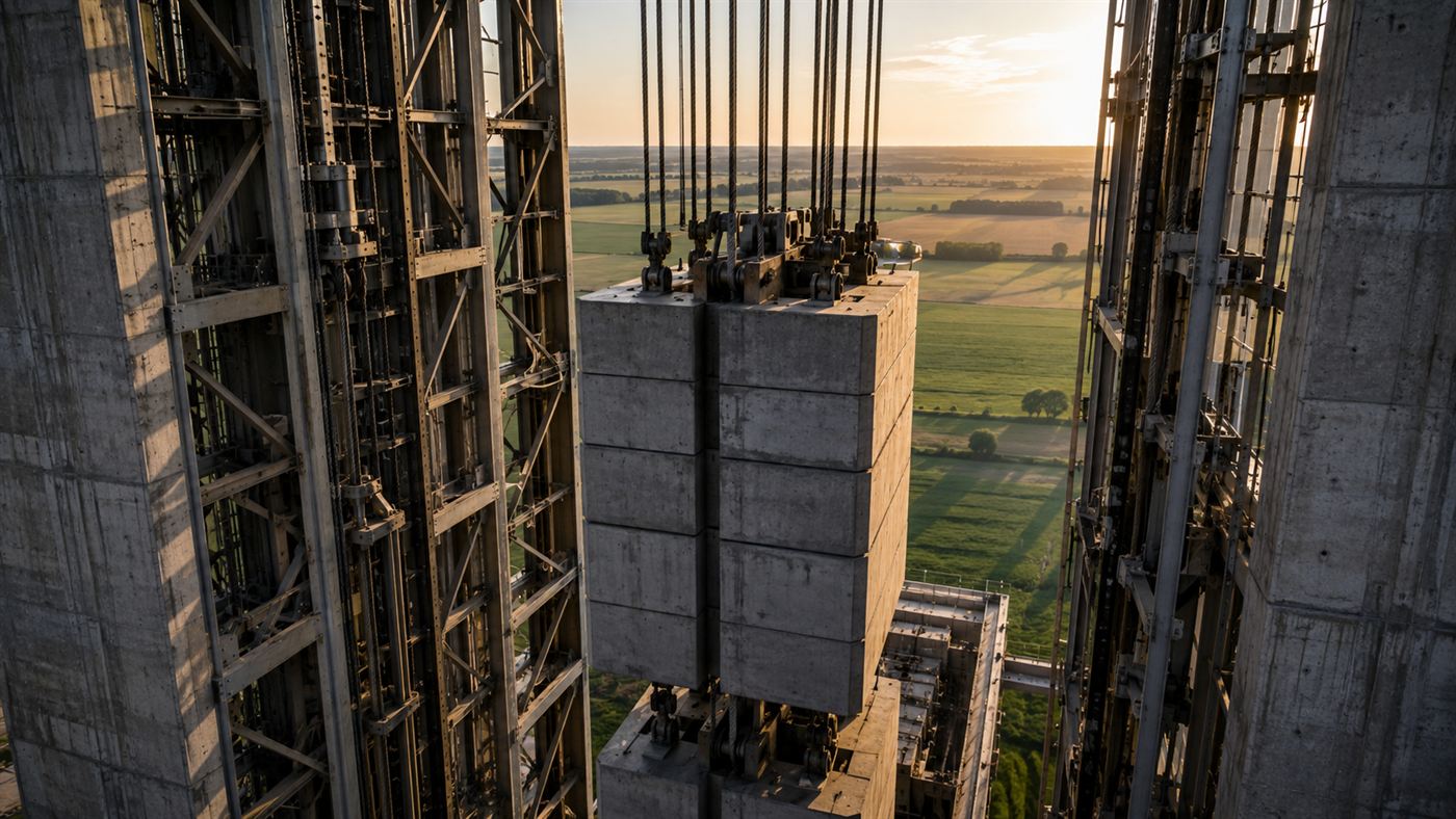Heavy grey composite blocks suspended on cables inside the steel framework of a tall energy storage tower