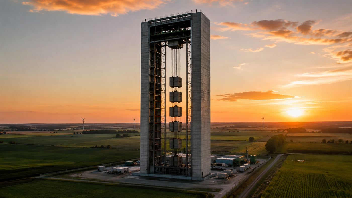 A tall concrete energy storage tower in flat farmland at sunset with heavy blocks suspended inside its steel frame
