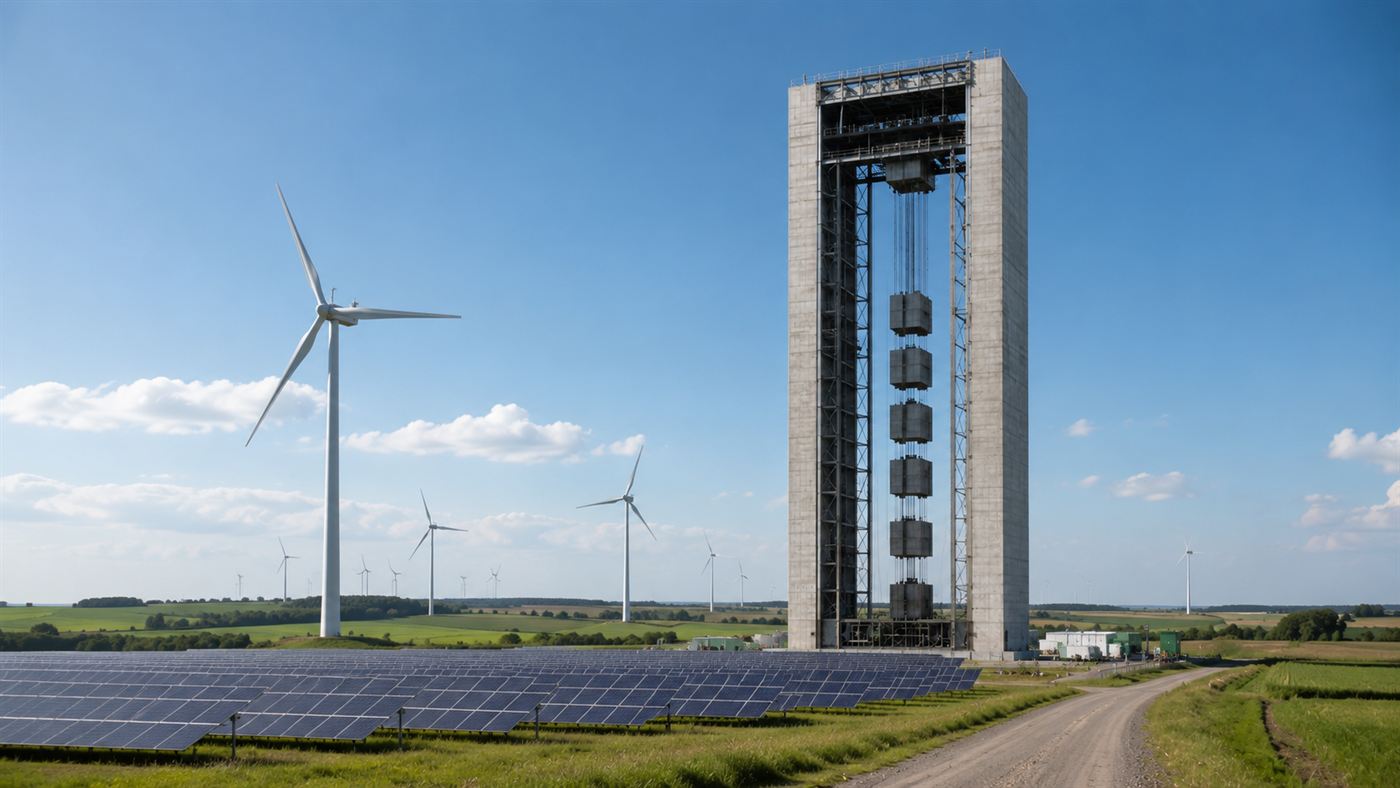 A tall block-stacking storage tower standing beside rows of wind turbines and solar panels under a clear sky