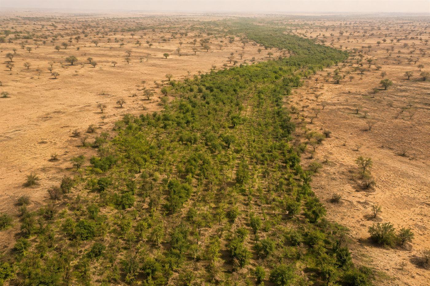 An aerial view of a green belt of young trees cutting across dry semi-desert land in the African Sahel