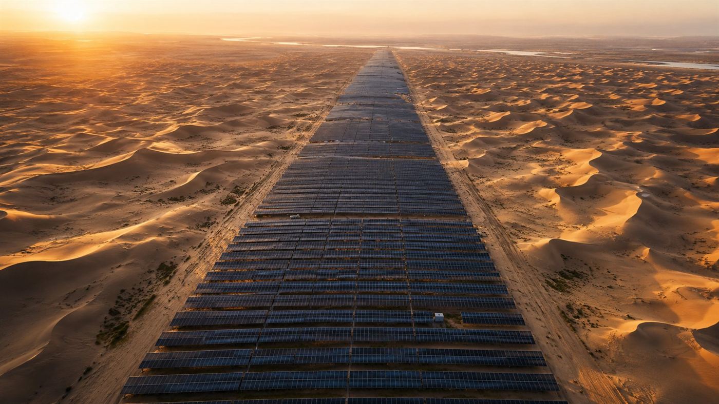 An aerial view of a belt of solar panels across desert dunes
