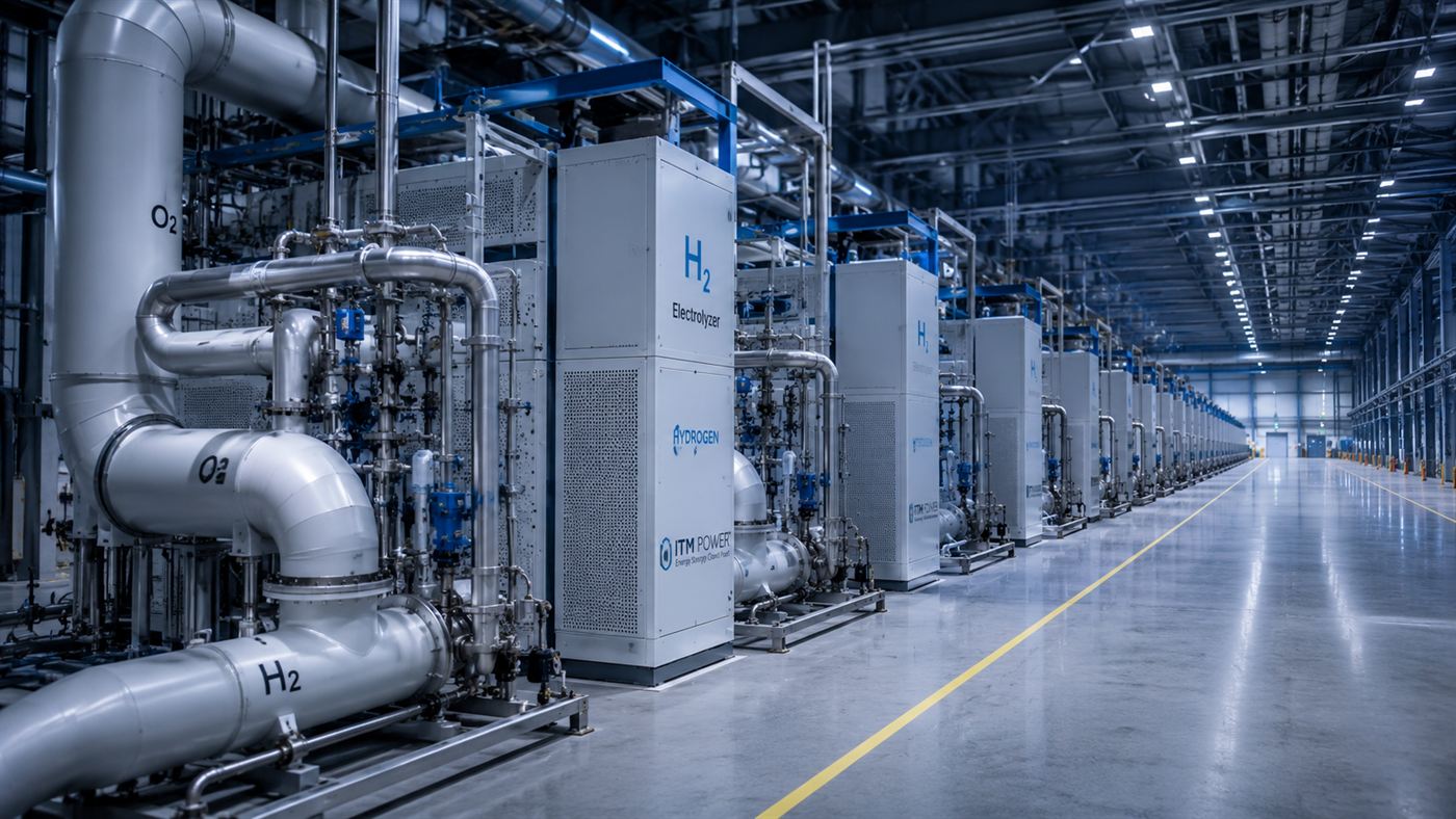 The interior of a large industrial hall filled with rows of tall hydrogen electrolyser units and pipework