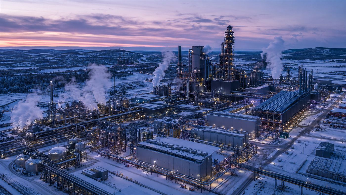 A vast modern steel factory with tall towers and hydrogen electrolyser buildings in a snowy Swedish landscape at dusk
