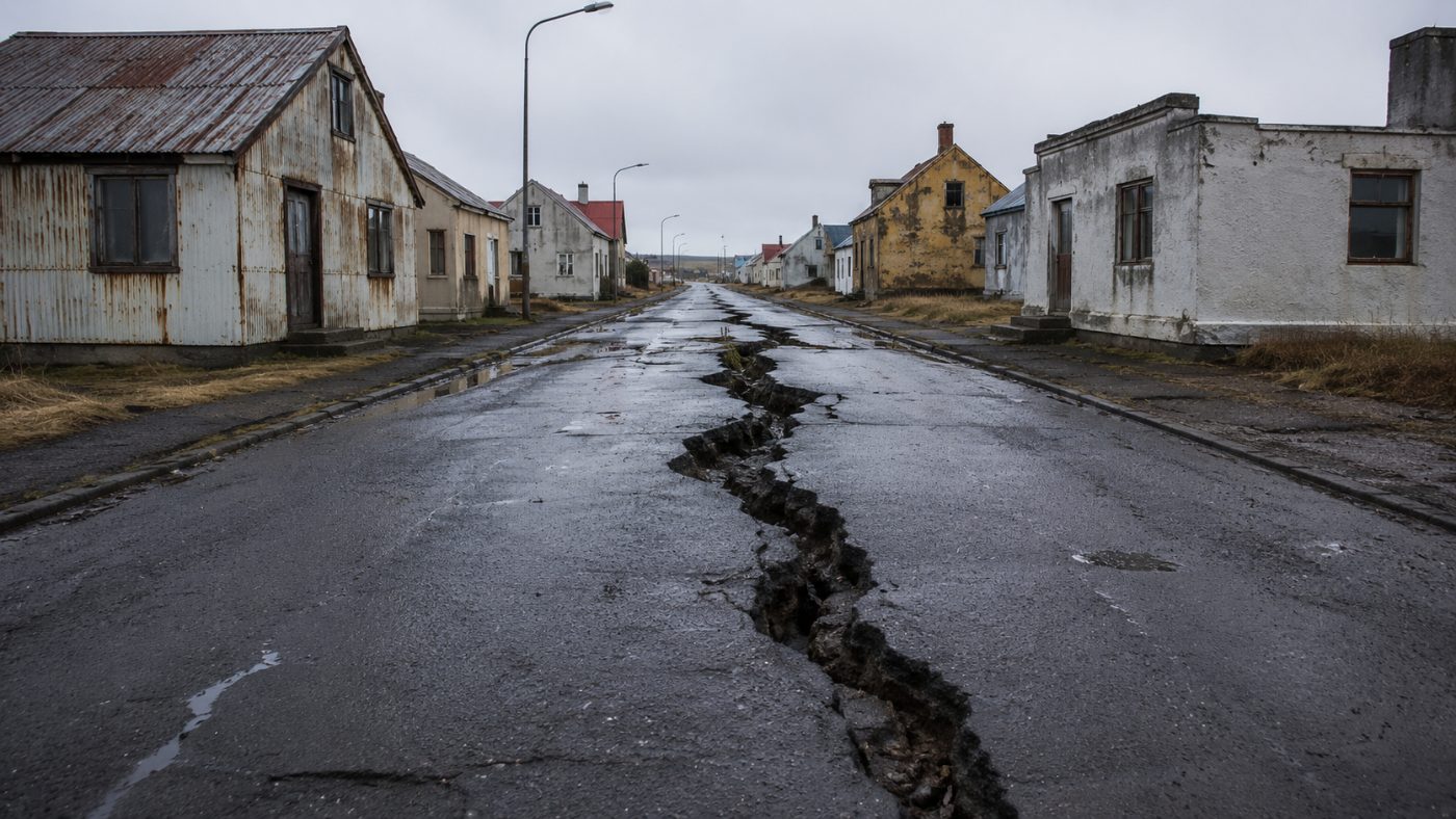 A deserted small-town street in Iceland with a wide crack splitting the asphalt and abandoned houses on either side under a grey sky