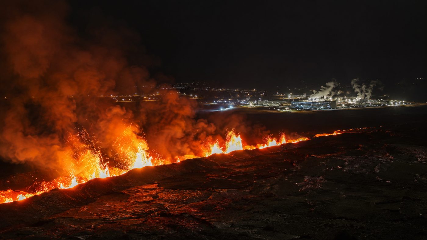 A bright orange volcanic fissure erupting fountains of lava across a dark Icelandic landscape at night with a town and power plant glowing in the distance