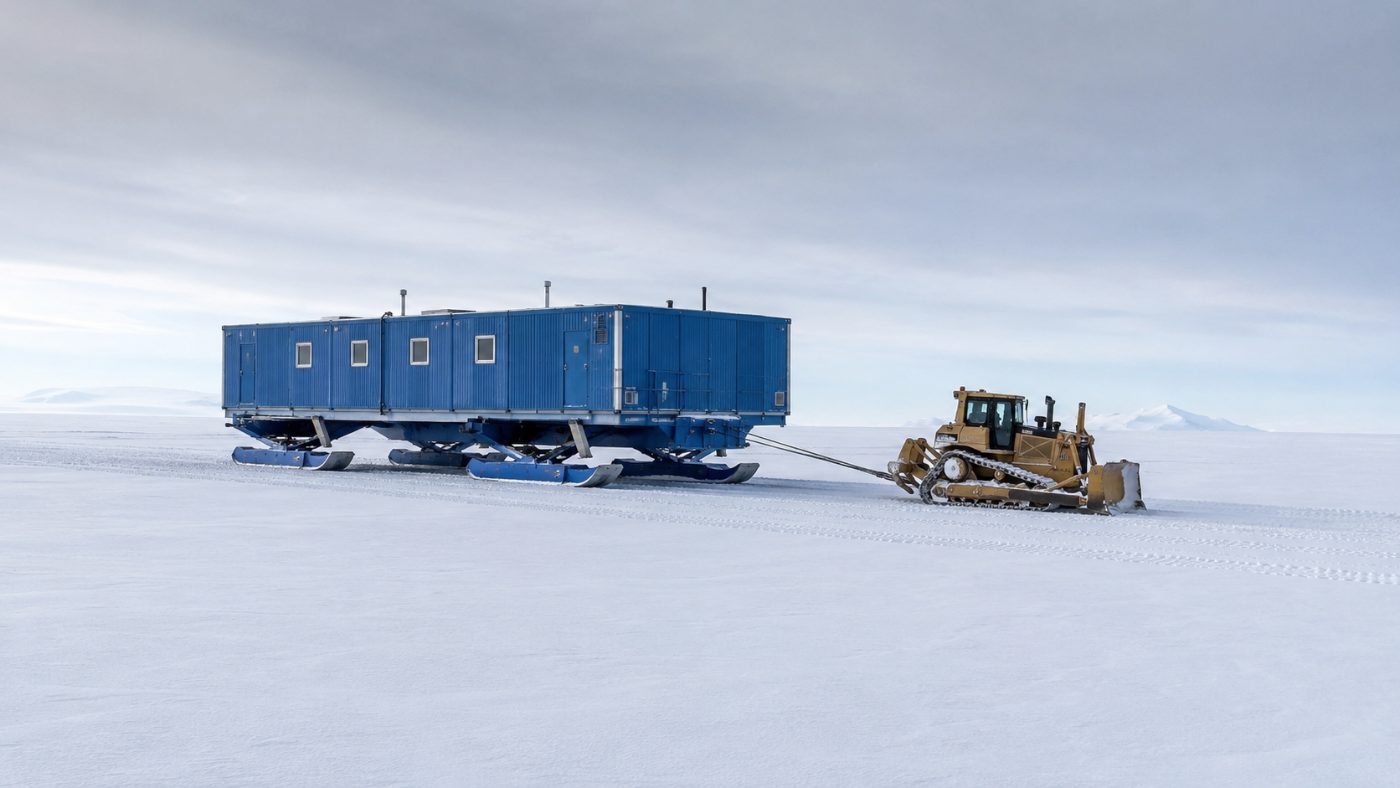 A bulldozer towing a large blue modular building on skis across a flat white snowfield in Antarctica under a pale sky