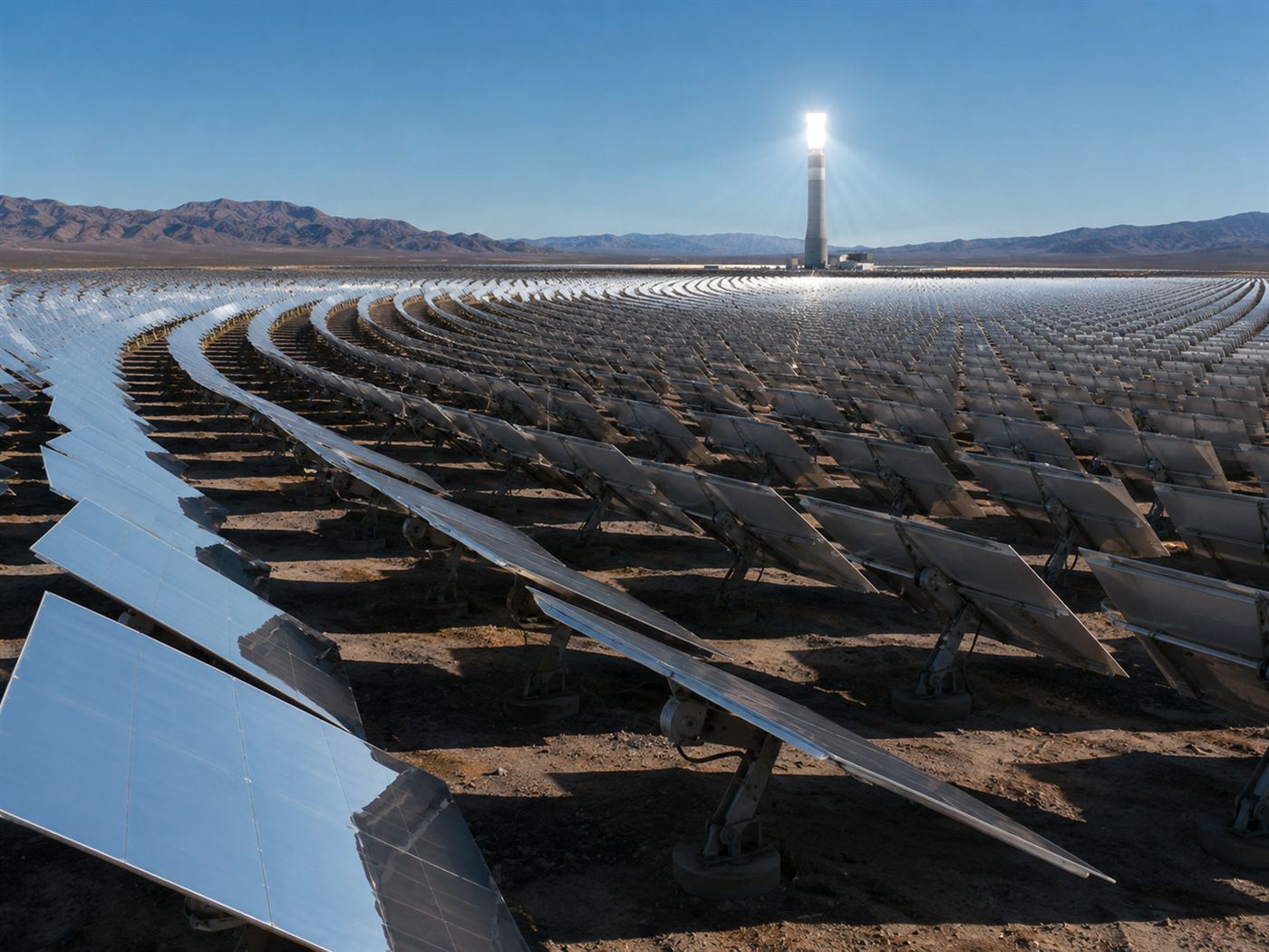 Thousands of large flat mirrors arranged in curved rows across the desert, all angled toward a distant solar tower under a bright sky