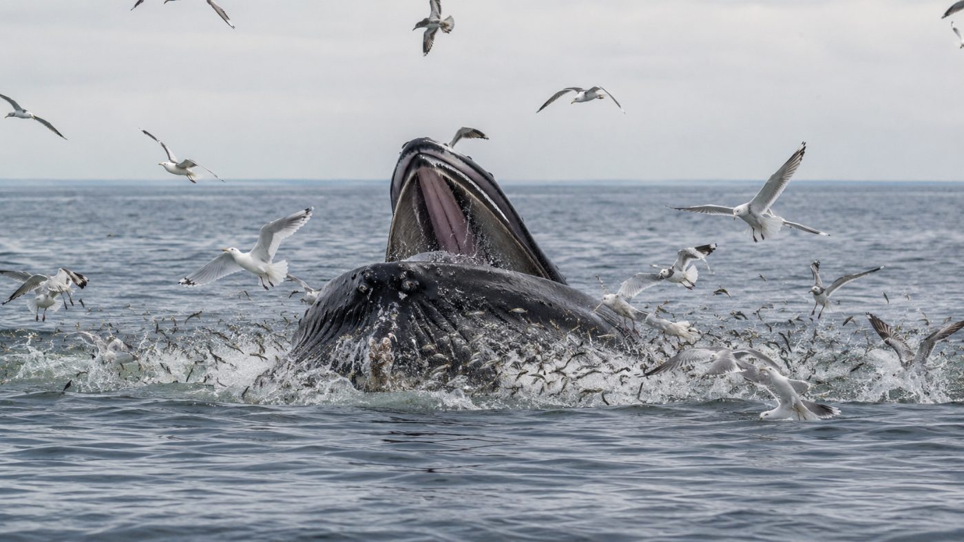 A humpback whale bursting through the surface with its mouth wide open to engulf a dense silver school of menhaden baitfish as seabirds dive around it