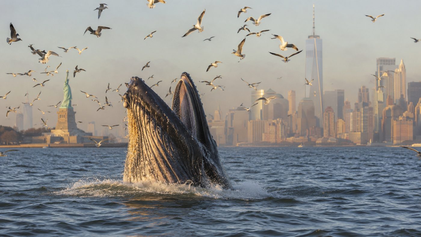 A humpback whale lunging out of the water with its mouth open among a flock of seabirds, with the Manhattan skyline and the Statue of Liberty in the hazy background