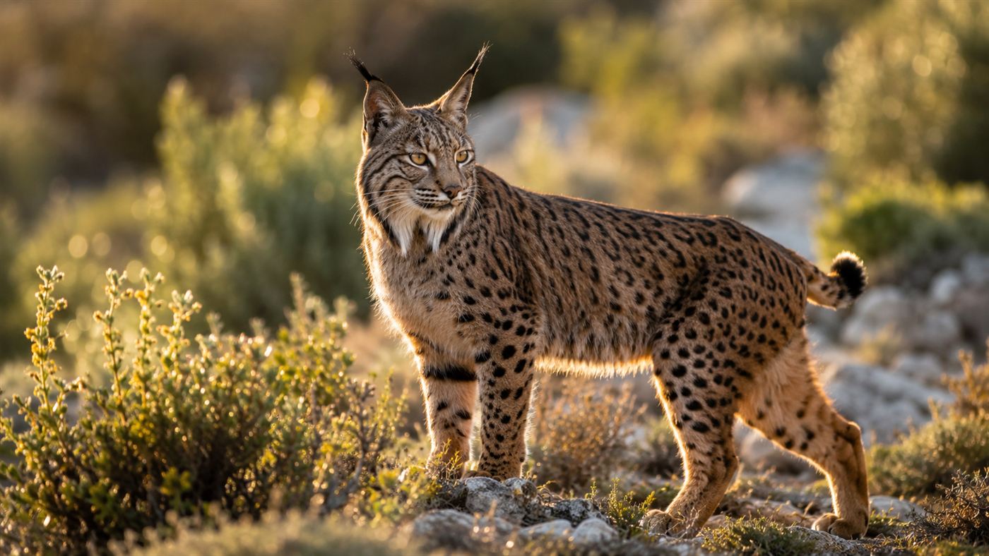 A wild Iberian lynx with tufted ears and spotted tawny fur standing alert in sunlit Mediterranean scrubland in southern Spain
