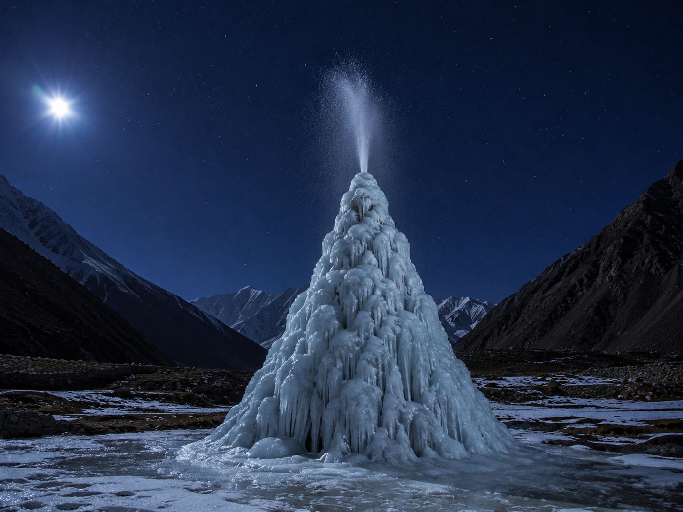 A fountain of water spraying into the freezing night air and freezing into a growing cone of ice under a starry Himalayan sky