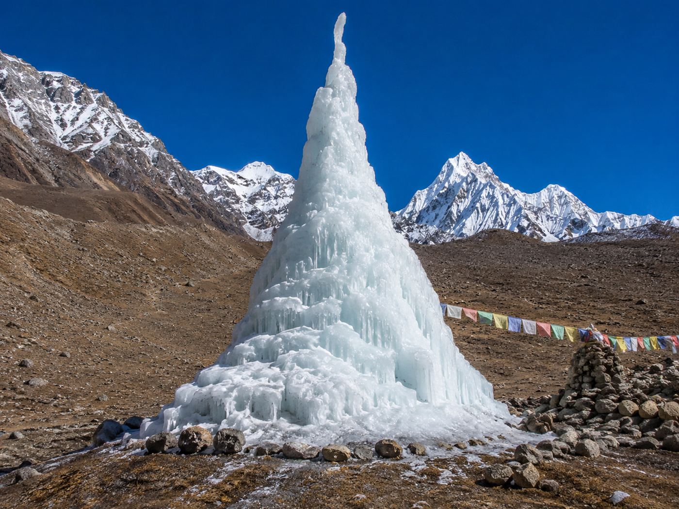 A tall conical tower of ice in a barren Himalayan desert valley with snow-capped peaks behind