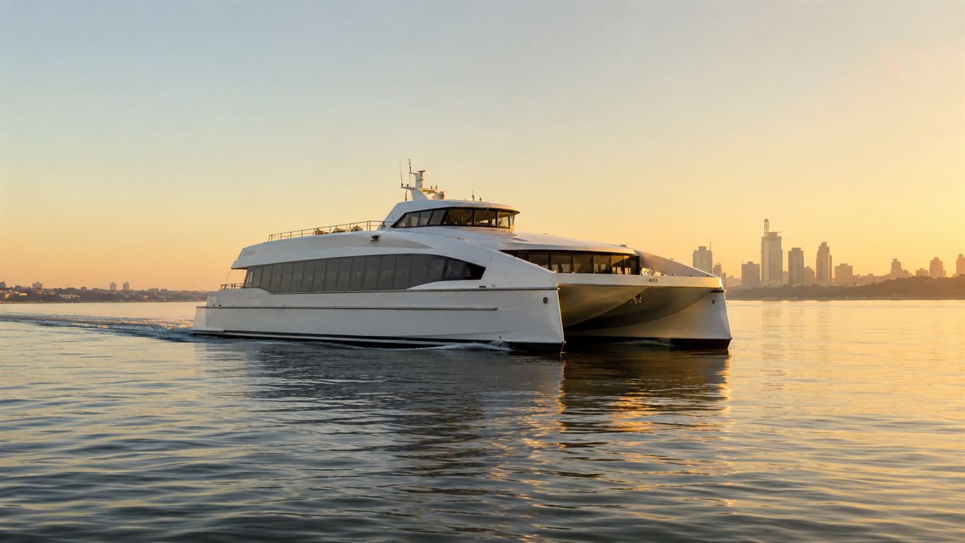 A large white aluminium catamaran ferry cutting across a wide river estuary at dawn with a city skyline behind it