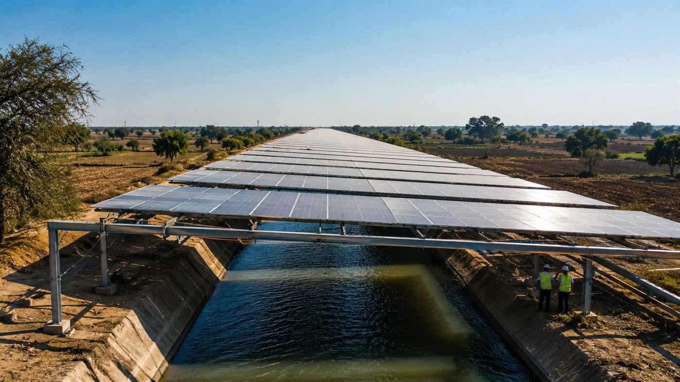 A one-megawatt solar array installed on metal frames over a straight branch canal in rural Gujarat, India, with water running in shadow below
