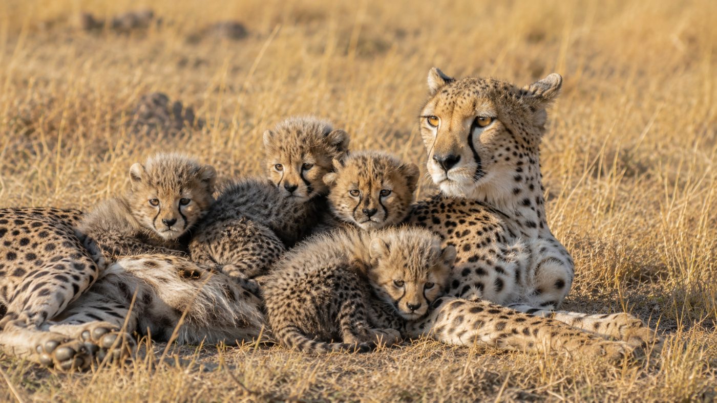 A cheetah mother lying in dry grass with several small fluffy cheetah cubs huddled against her in soft morning light