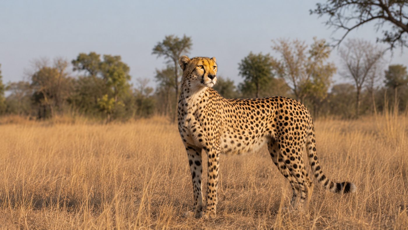 A cheetah standing alert in tall dry golden grassland in India scanning the horizon