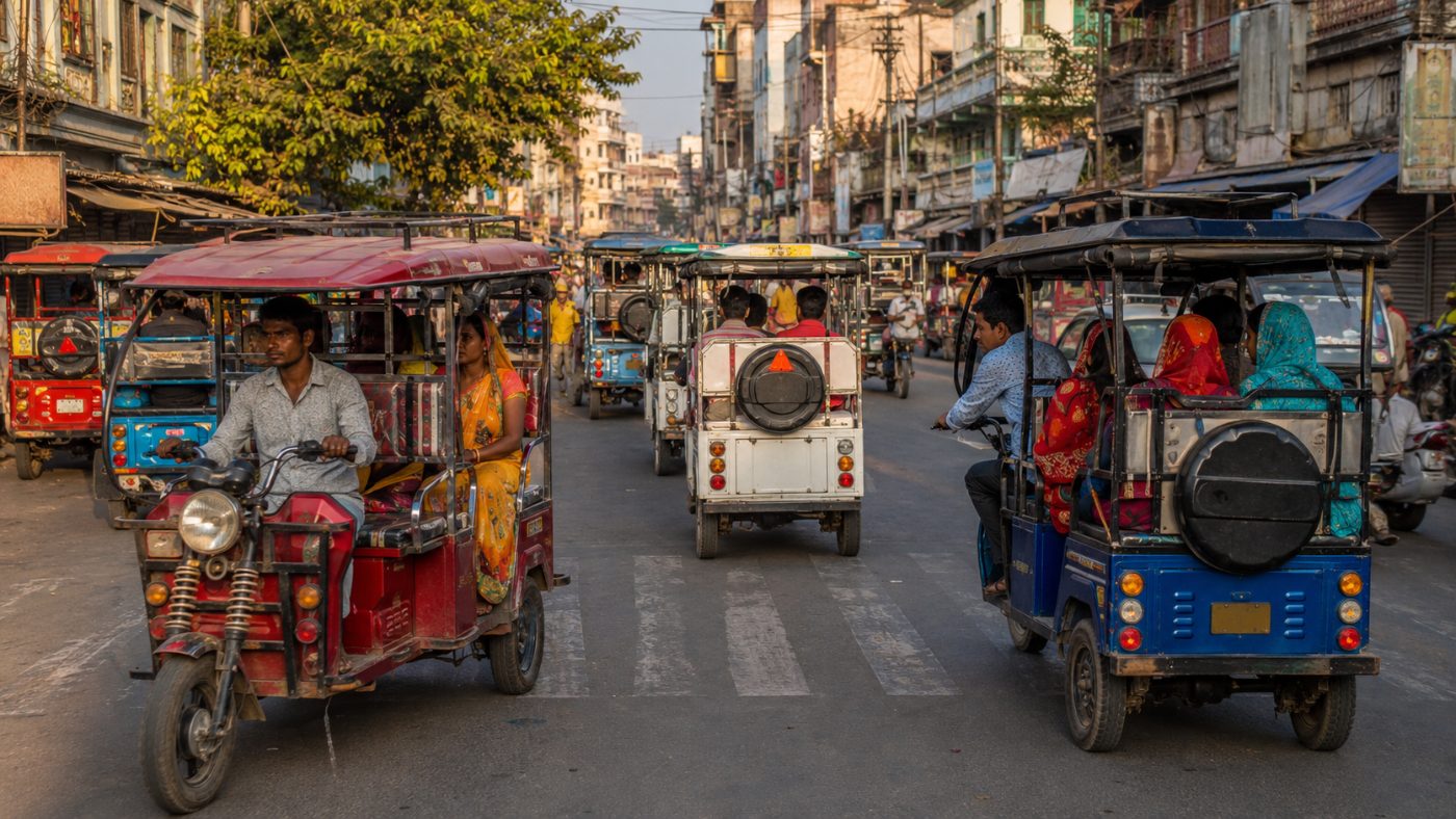 A busy Indian street crowded with colourful electric auto-rickshaws carrying passengers through dense traffic