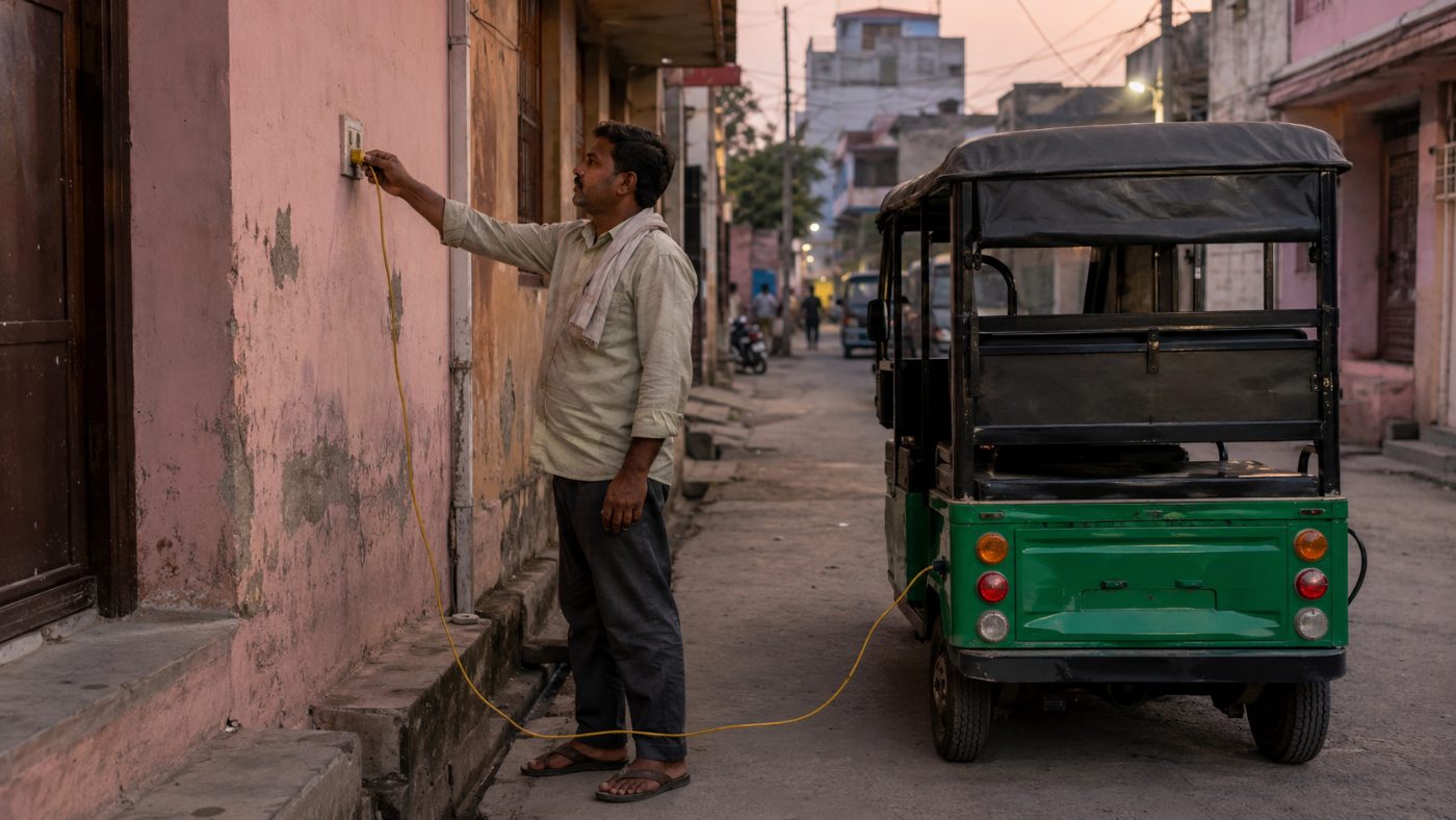 An e-rickshaw driver plugging a long cable from his three-wheeler into a socket on a house wall in a narrow Indian lane in the evening
