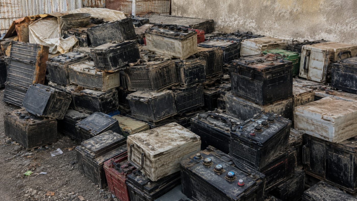 A pile of old worn-out lead-acid batteries removed from rickshaws stacked in an informal scrapyard