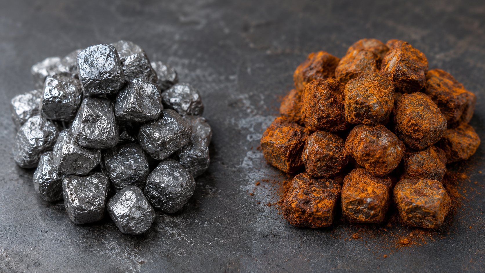 Metallic grey iron pellets beside orange rusted iron, illustrating the charge and discharge cycle of an iron-air battery