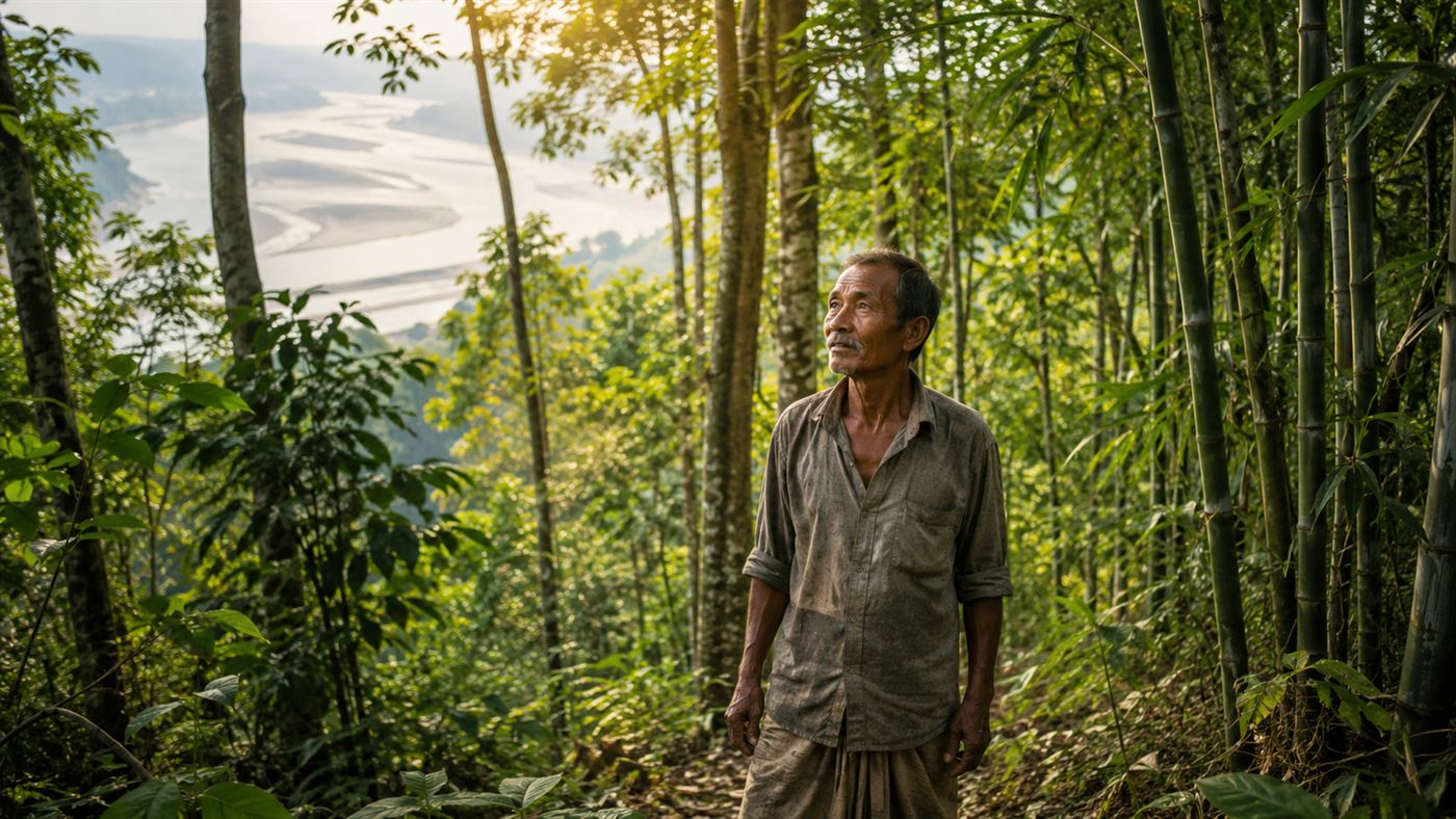 A lone man standing inside a dense green forest he planted on a former river sandbar beside the wide Brahmaputra in Assam