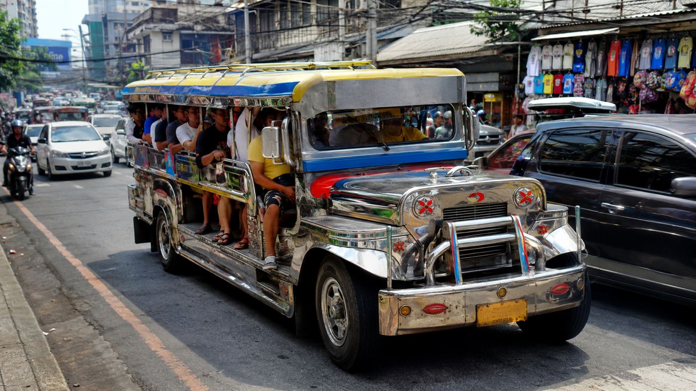 A brightly painted chrome traditional Filipino jeepney packed with passengers on a busy Manila street