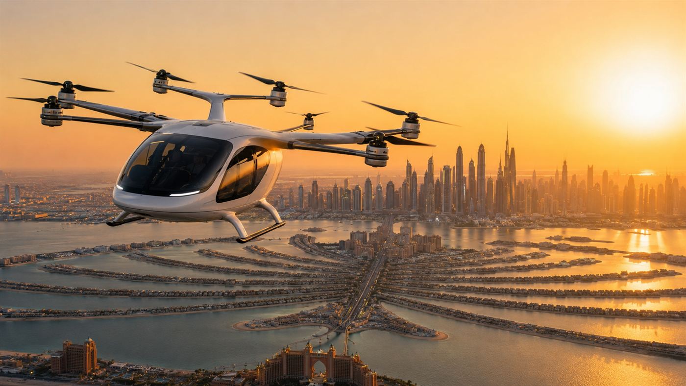 A sleek white electric air taxi with six rotors flying over the Dubai skyline at golden sunset