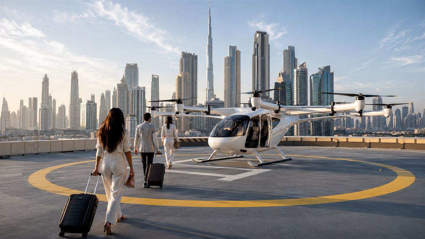 An electric air taxi parked at a rooftop vertiport with passengers boarding and the city skyline behind