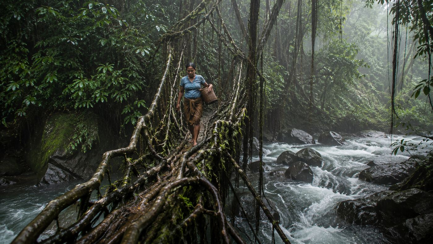 A person crossing a narrow living root bridge of thick mossy intertwined roots over a rushing river in the rain in Meghalaya