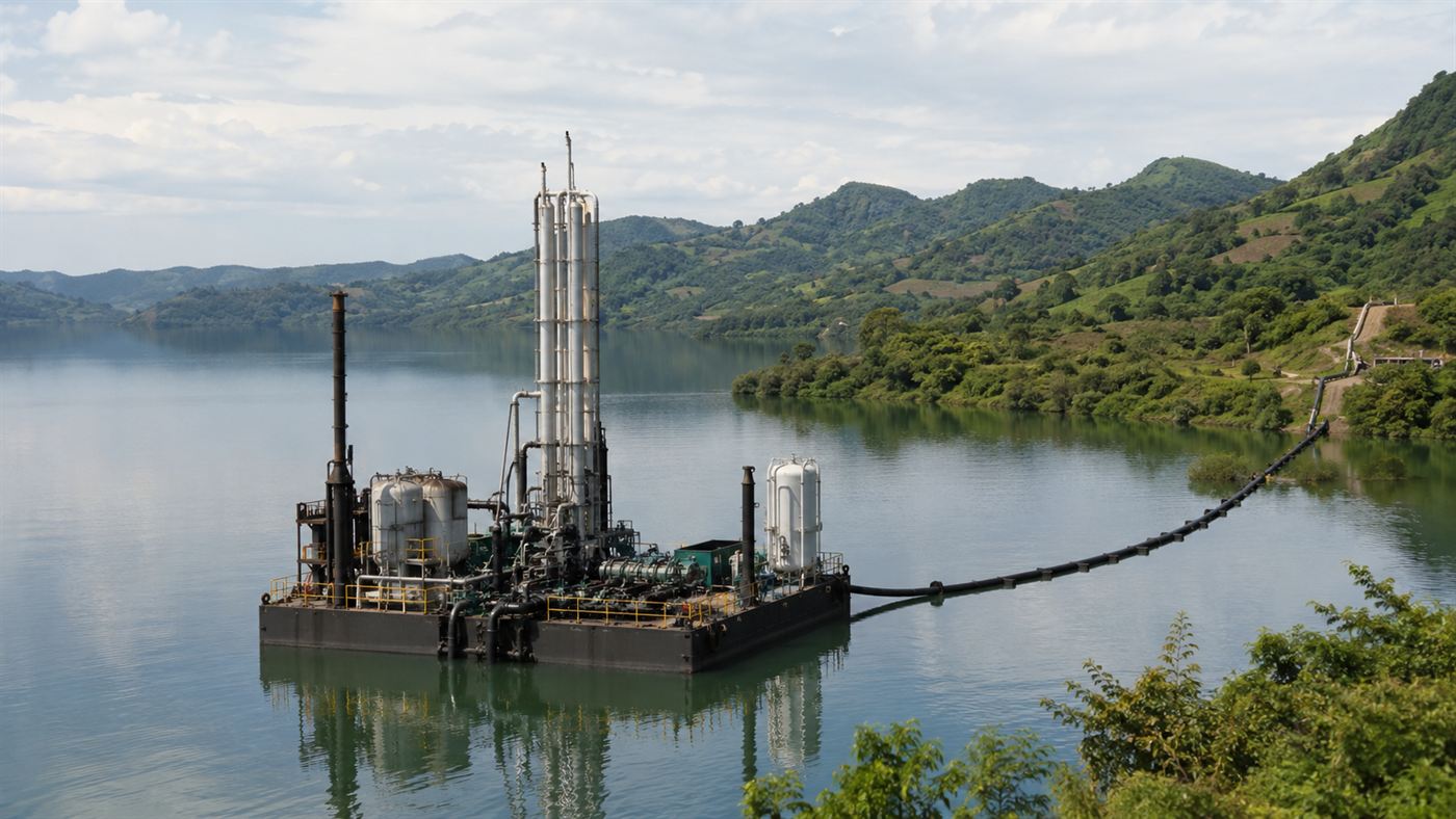 An industrial gas extraction barge floating on a calm African lake, with pipes drawing water from the depths to separate methane gas