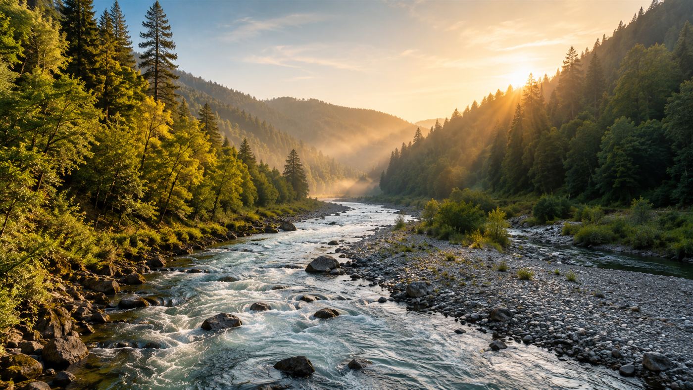 A wide river running free through a green forested canyon at sunrise where a dam once stood