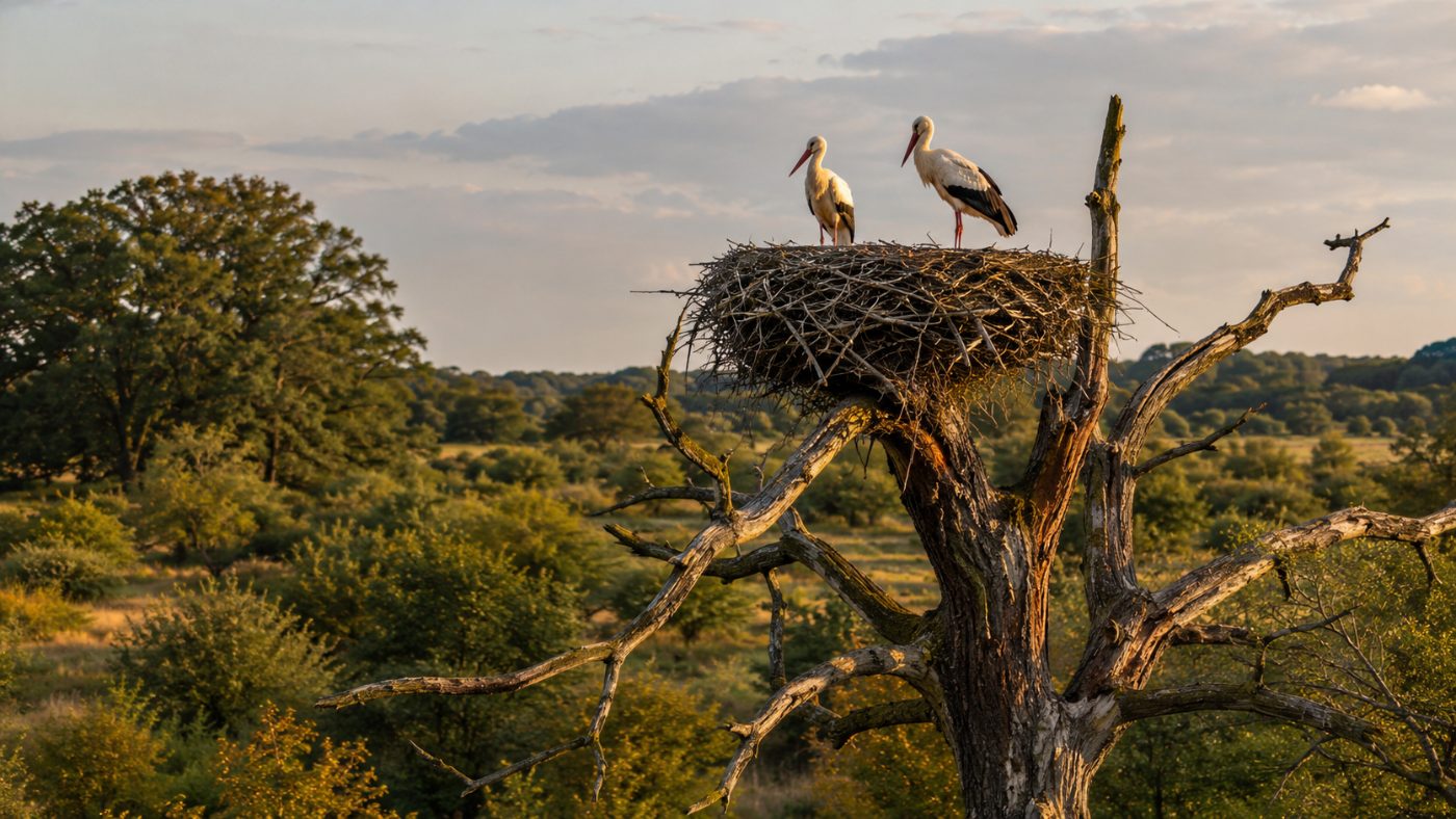White storks on a large stick nest atop a gnarled old oak above wild scrubby English meadow at golden light