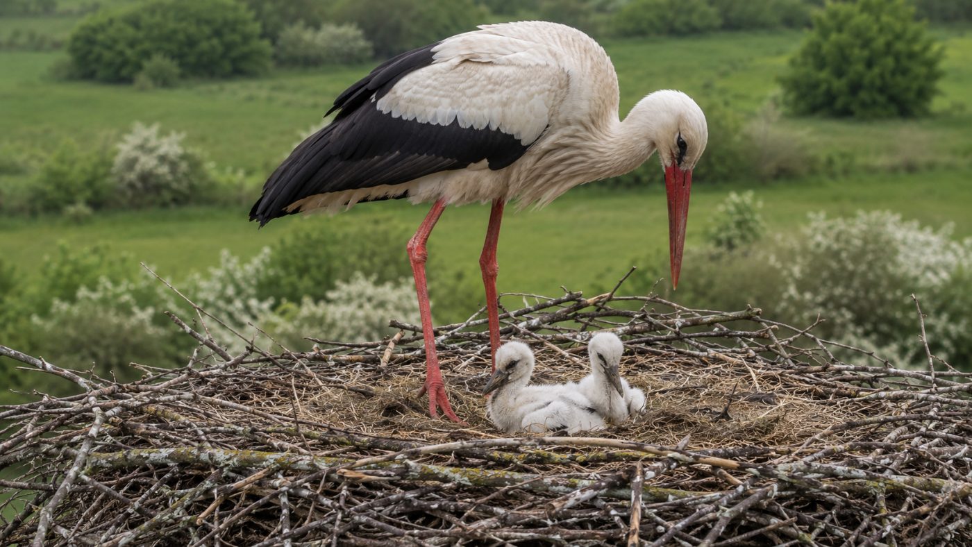 A white stork standing over fluffy chicks in a large stick nest, with the rewilded green landscape of Knepp blurred behind