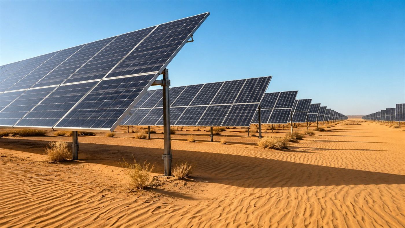 Rows of tall photovoltaic panels on steel frames marching across rippled sand dunes in the Kubuqi Desert under a bright blue sky