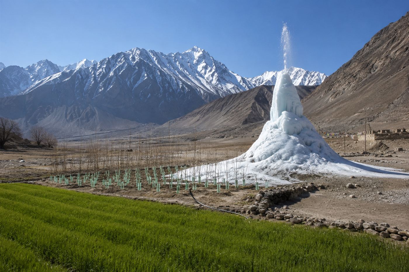 Bright green irrigated barley fields and young tree saplings next to a melting cone of ice in an otherwise barren brown Himalayan valley