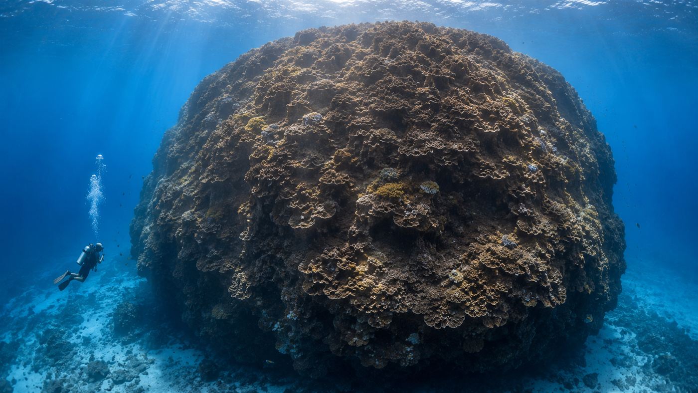 A colossal single coral colony the size of a building rising from the seafloor in clear blue water with a tiny scuba diver beside it