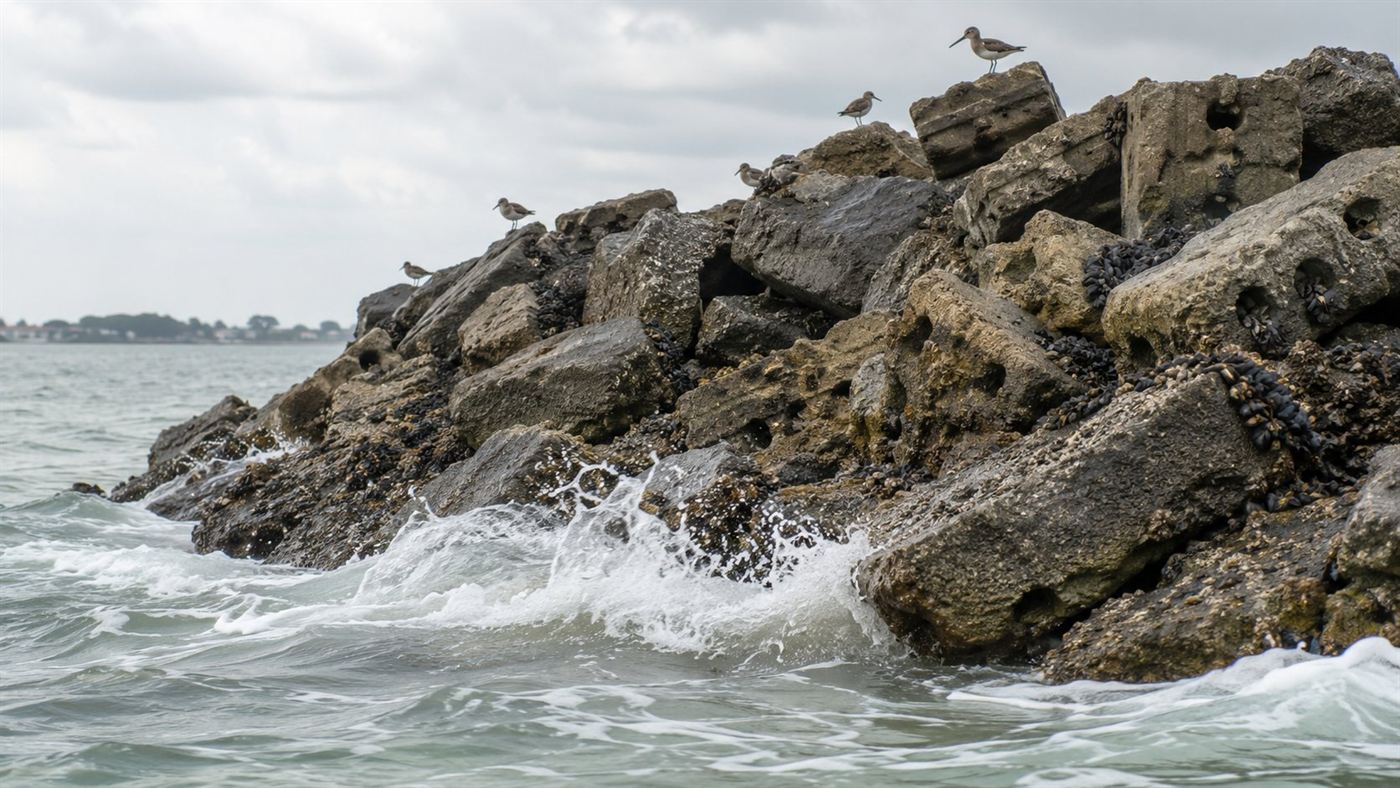 A close coastal view of a single rubble-mound oyster reef breakwater of stacked armor stone and textured concrete with a wave breaking against it and shorebirds on the rocks
