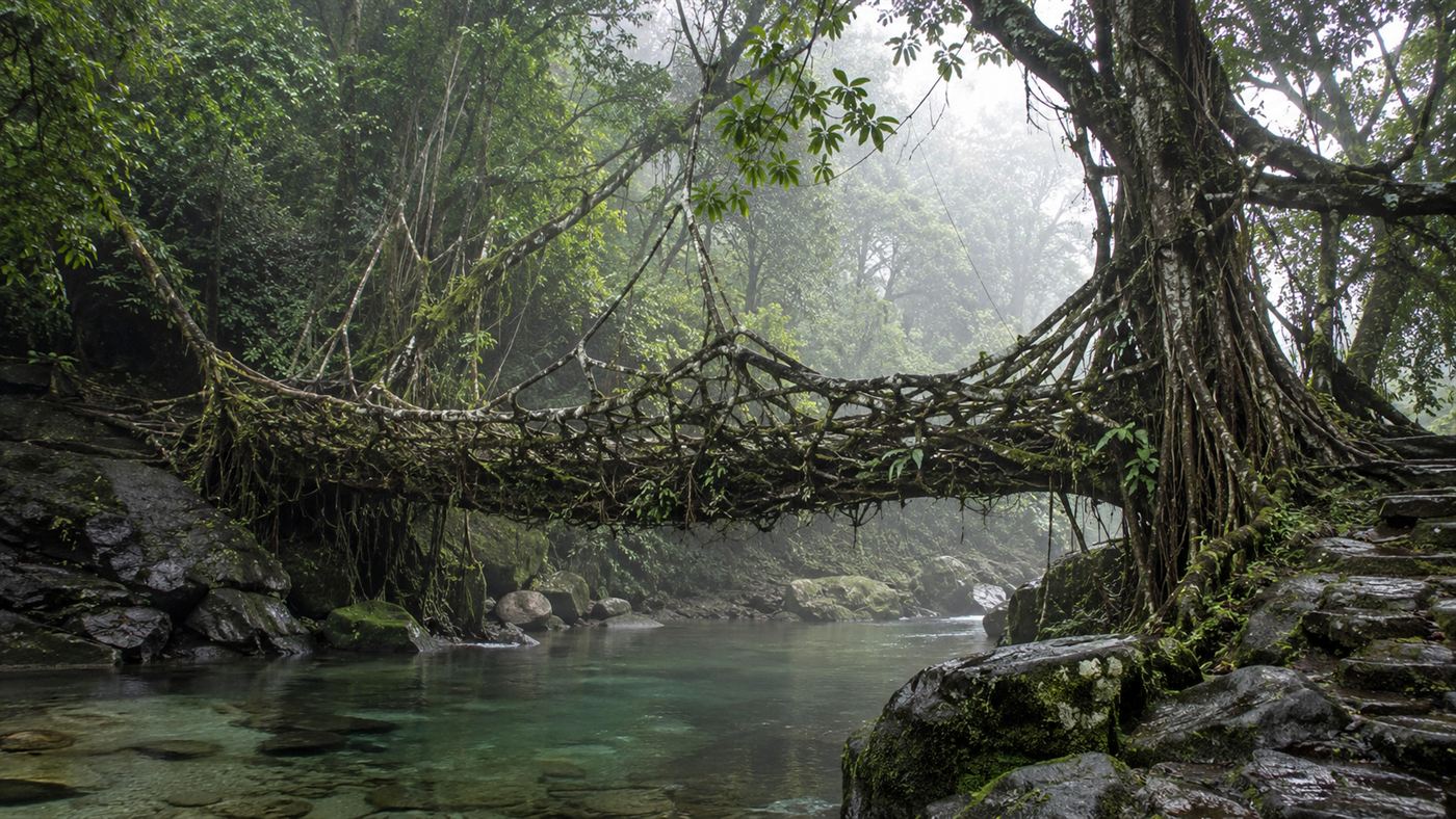 A living root bridge of intertwined tree roots arching over a turquoise river in the jungle of Meghalaya