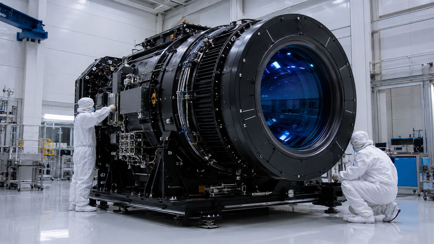 An enormous car-sized digital astronomy camera with a huge circular lens being worked on in a clean laboratory