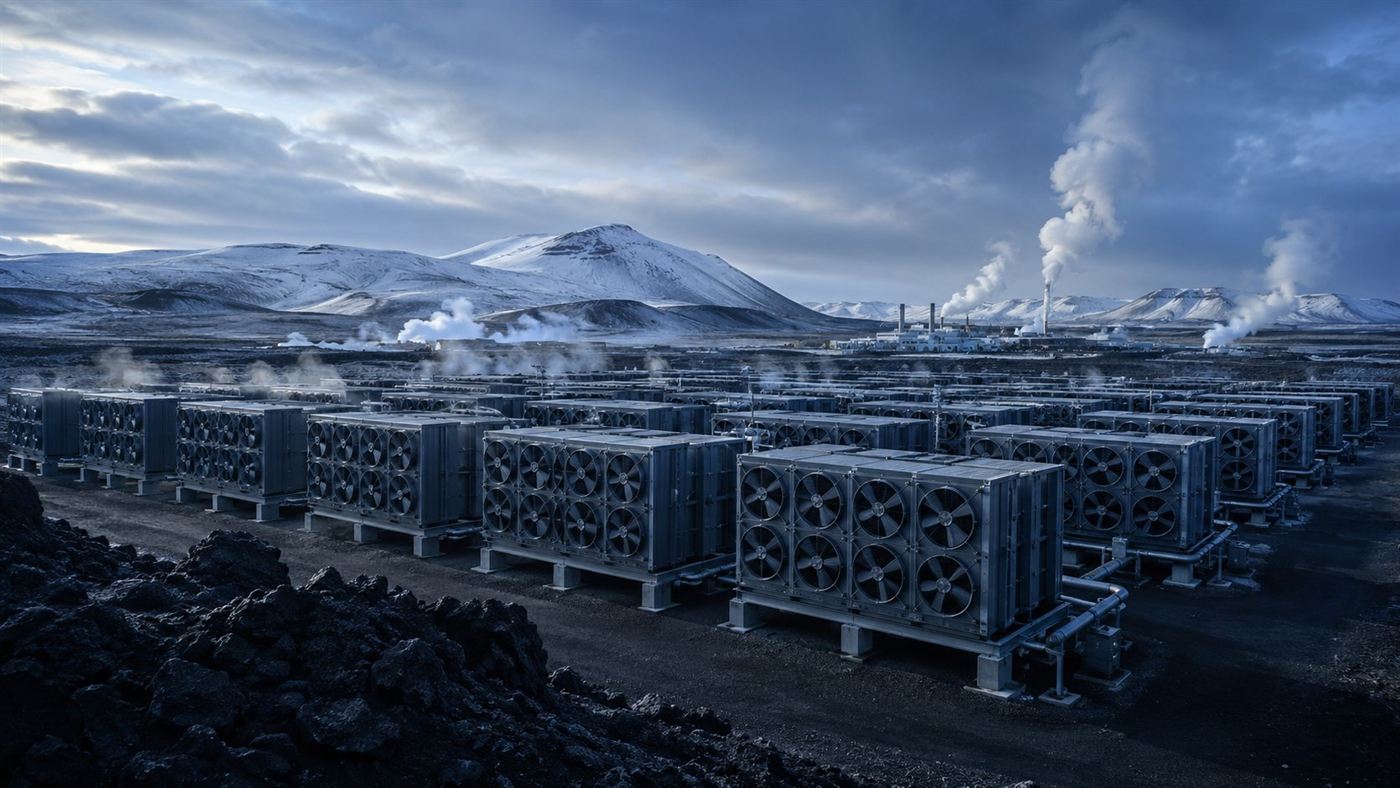 A grid of direct air capture fan units on a volcanic Icelandic plateau